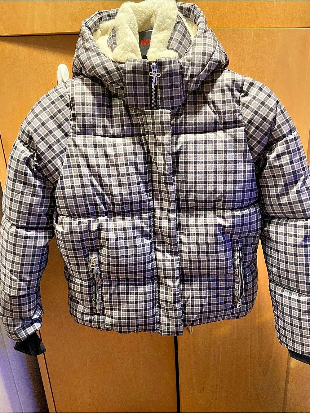 Hollister Faux Fur-Lined All-Weather Puffer Jacket Plaid Puffer Jacket Blue &